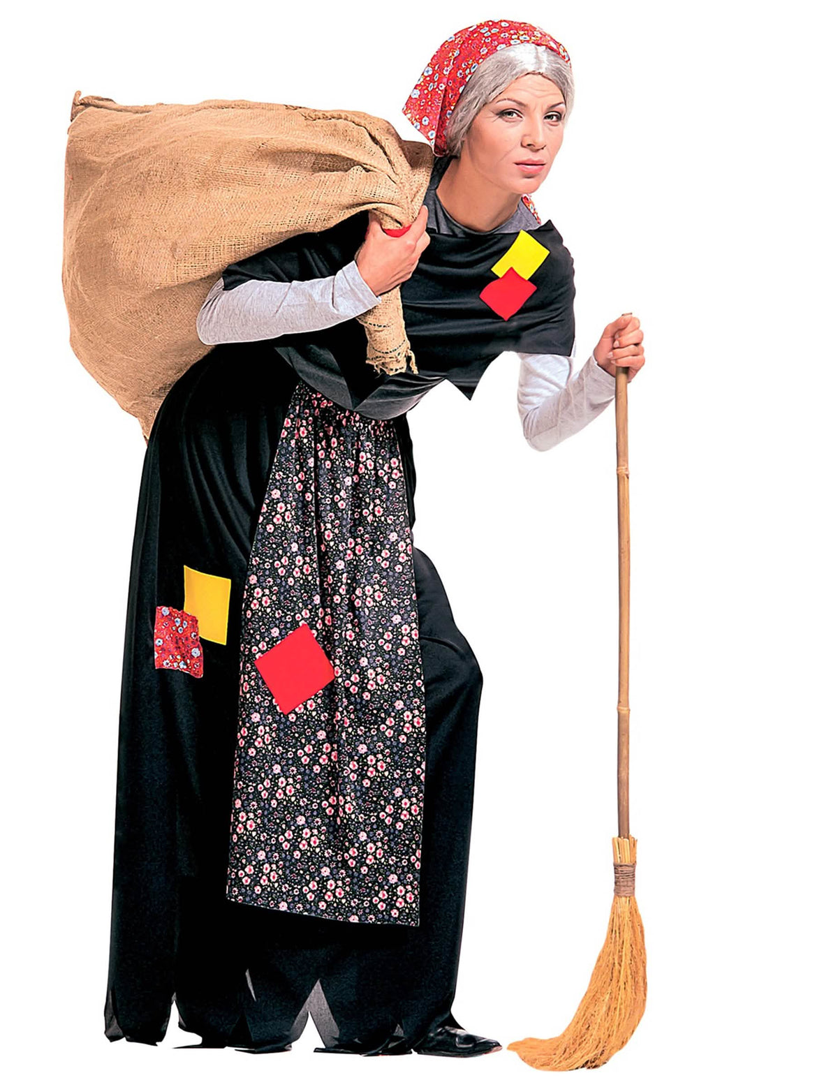 Costum de vrăjitoare befana pentru adult negru și multicolor cu fular roșu și mătură