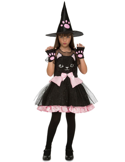 Costum de vrăjitoare pisicuță de Halloween pentru fată, negru și roz, cu pălărie