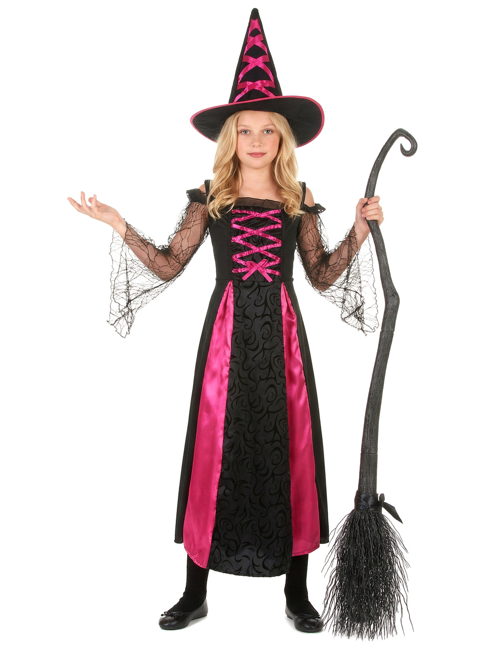 Vue d'ensemble avec chapeau et balai du déguisement de sorcière dentelé Halloween