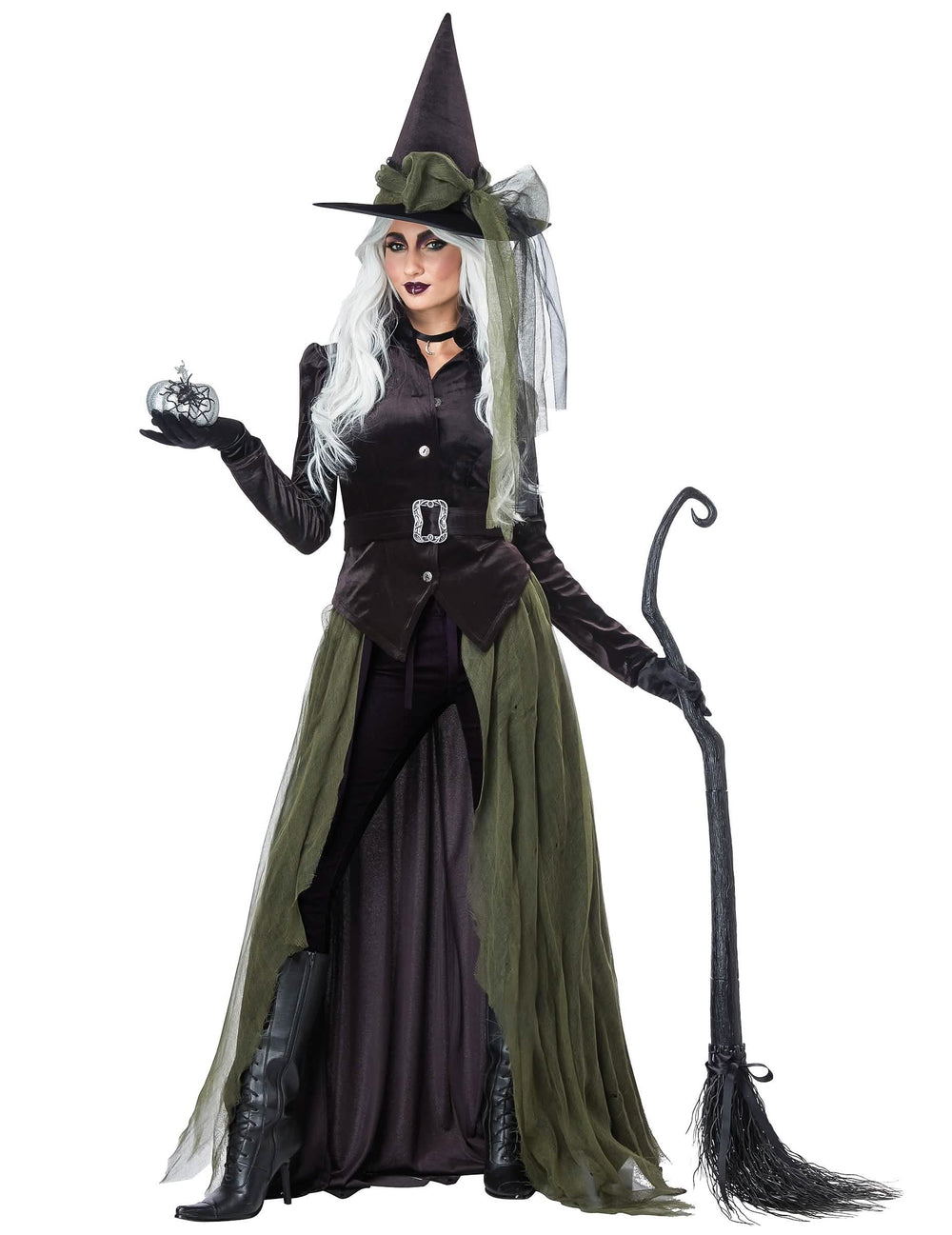Costum de vrăjitoare gotică pentru adult negru și verde cu pălărie ascuțită