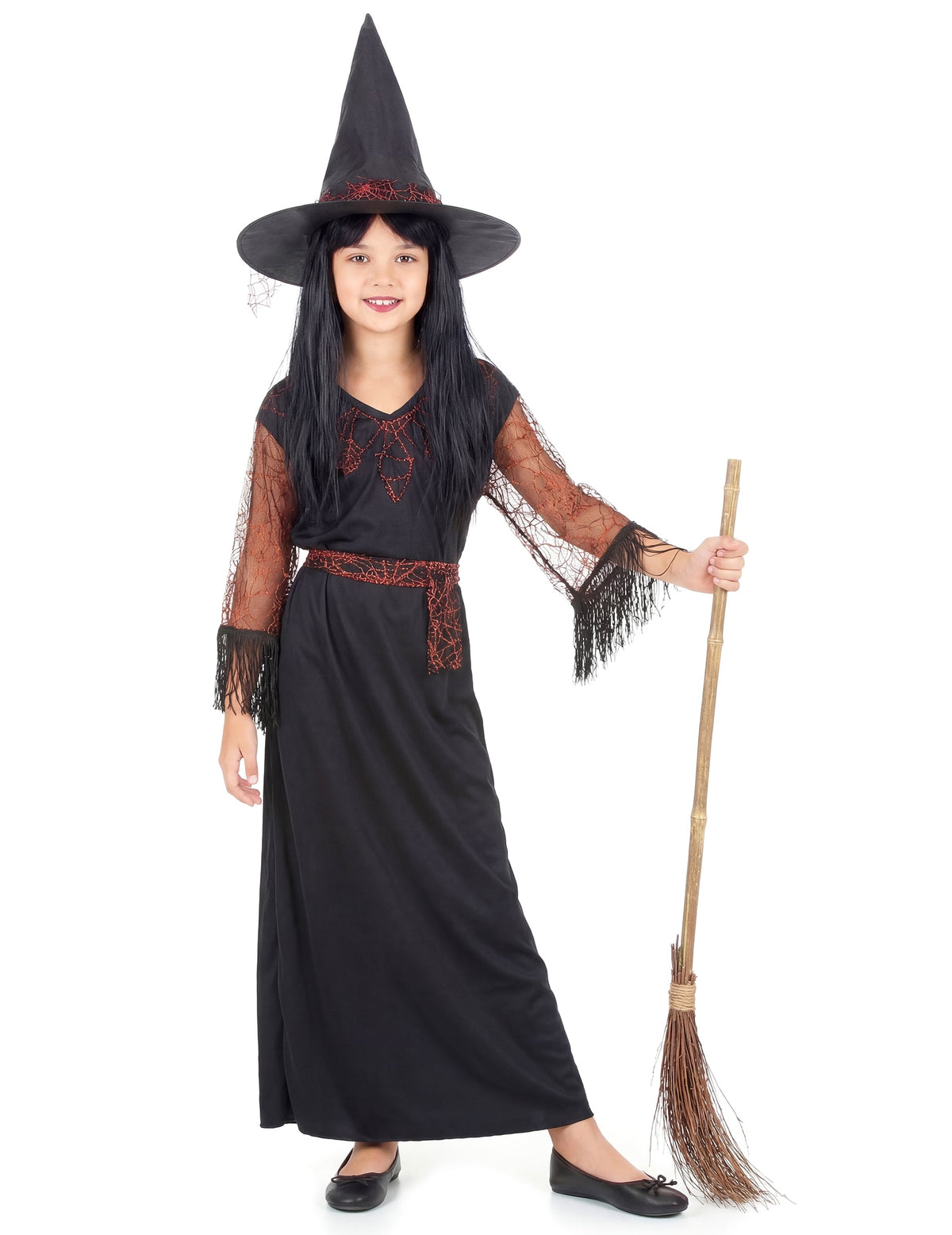 Mise en situation avec balai du déguisement de sorcière Halloween pour fille