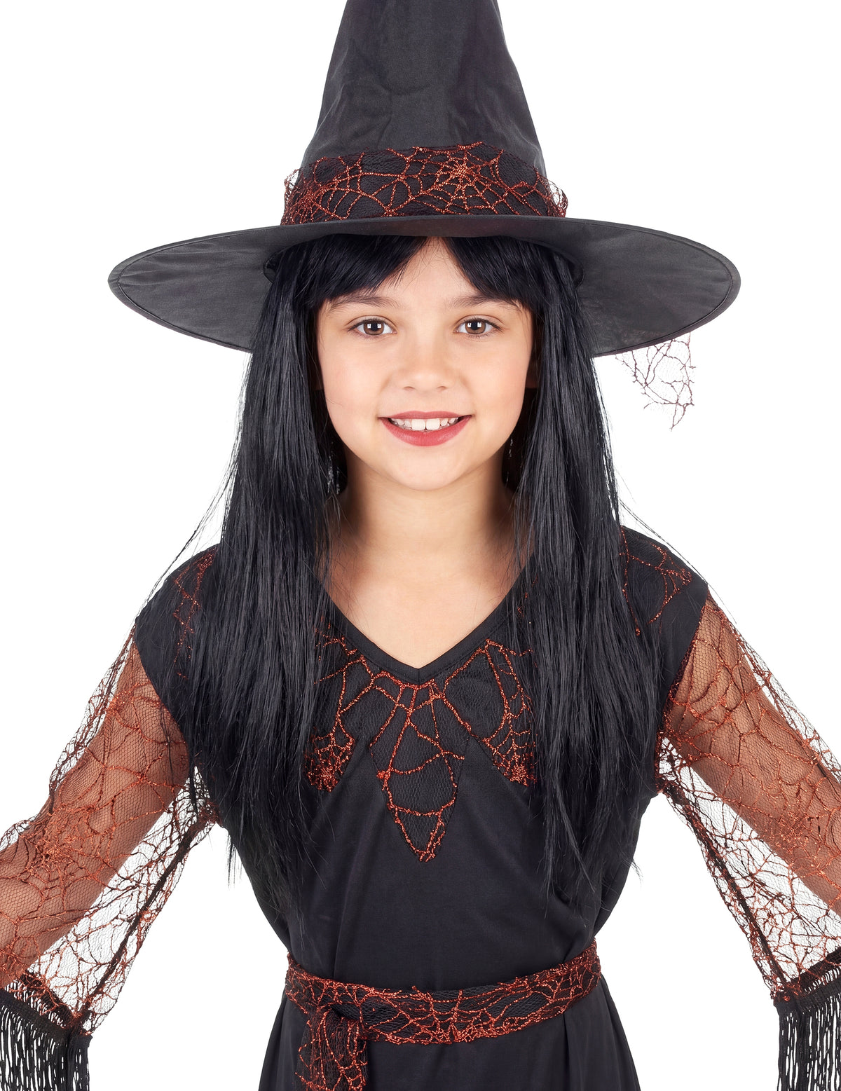 Gros plan sur le buste et le chapeau du déguisement de sorcière Halloween