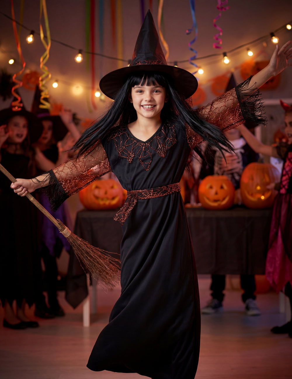 Mise en situation festive avec citrouilles du déguisement de sorcière Halloween