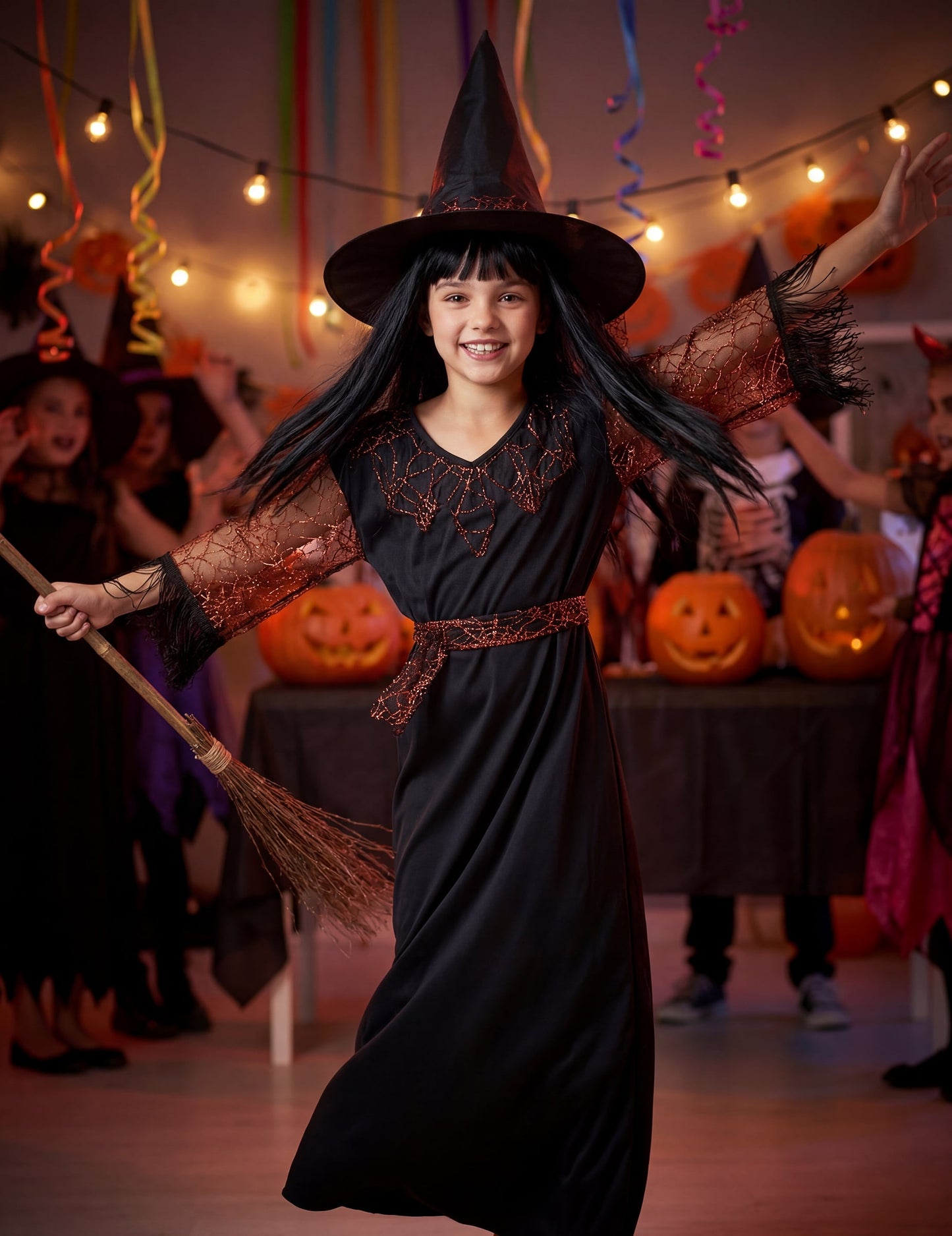 Mise en situation festive avec citrouilles du déguisement de sorcière Halloween