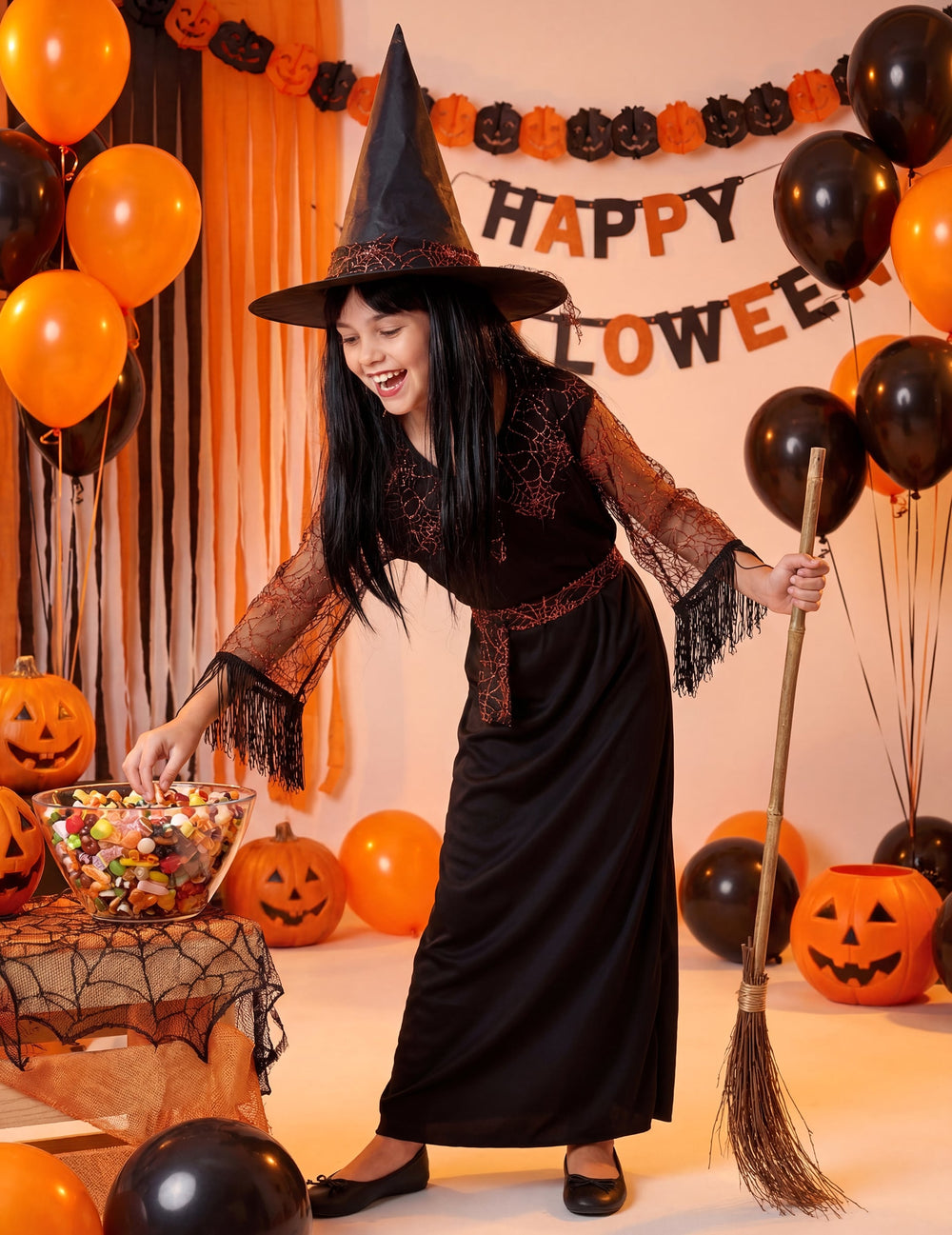 Mise en situation avec bol de bonbons du déguisement de sorcière Halloween pour fille