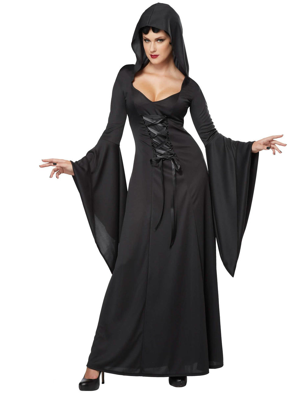 Costum de vrăjitoare neagră pentru femeie halloween cu glugă și șireturi