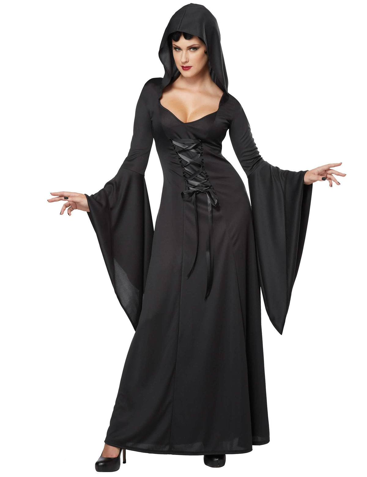 Costum de vrăjitoare neagră pentru femeie halloween cu glugă și șireturi