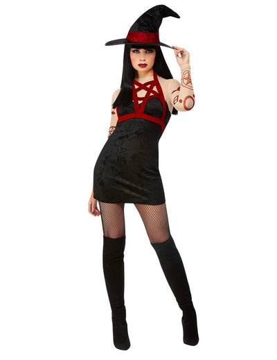 Costum de vrăjitoare satanică sexy pentru femei, negru și roșu, cu pălărie ascuțită