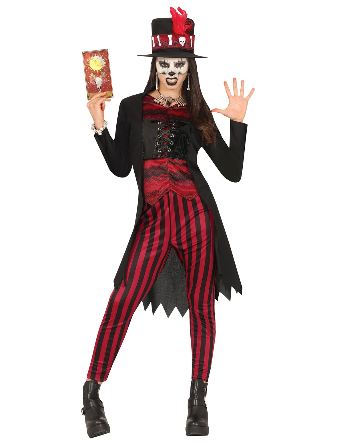 Déguisement sorcière vaudou pour adolescente rouge et noir avec chapeau et legging rayé