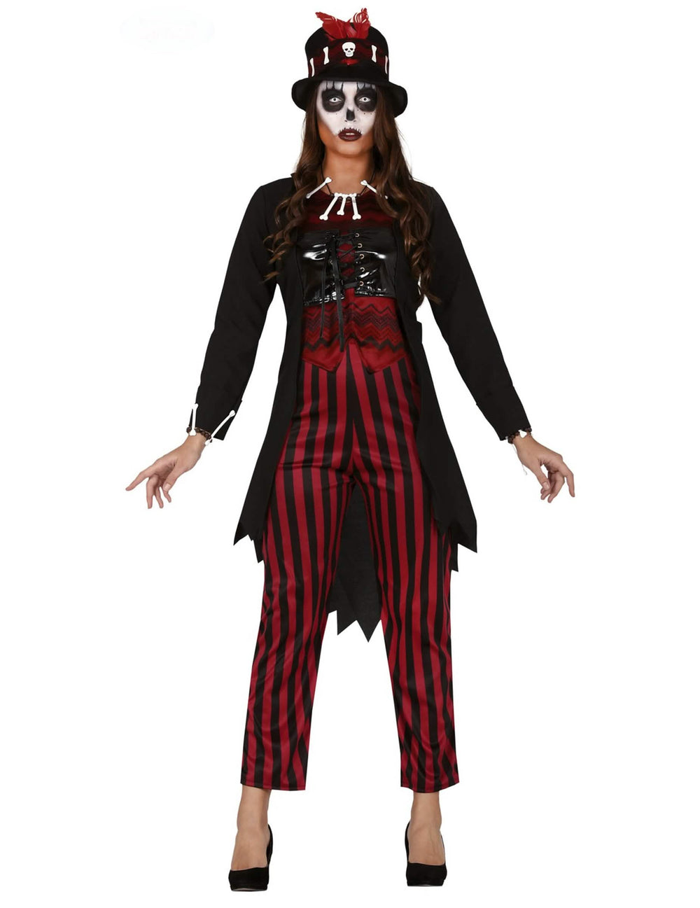 Costum de vrăjitoare voodoo pentru femeie roșu și negru cu dungi și pălărie