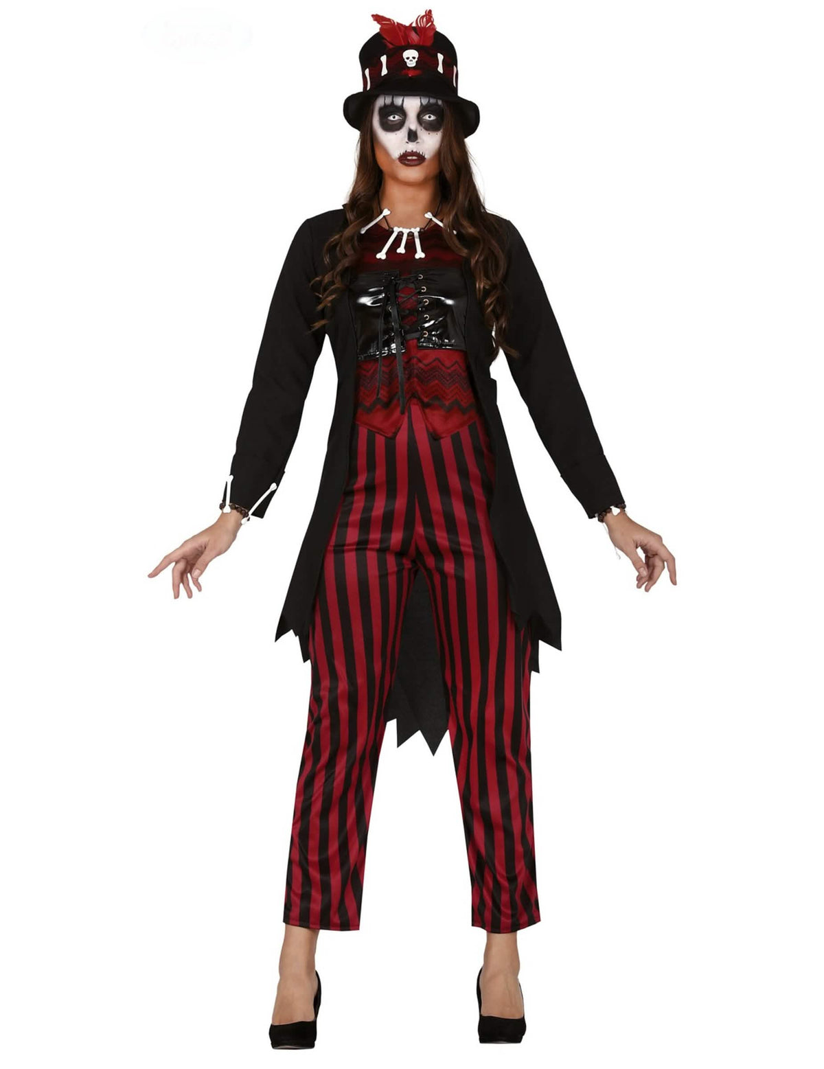 Costum de vrăjitoare voodoo pentru femeie roșu și negru cu dungi și pălărie