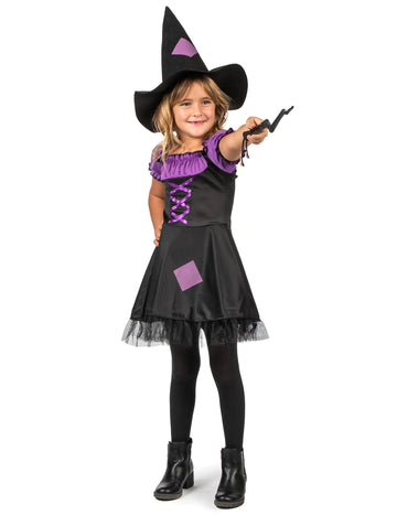 Déguisement de sorcière pour fille noir et violet avec chapeau