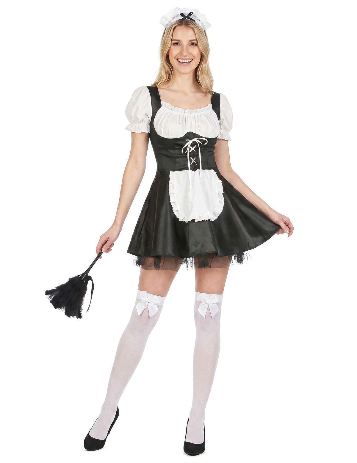 Costum de cameristă pentru femeie alb și negru cu bentiță și pămătuf