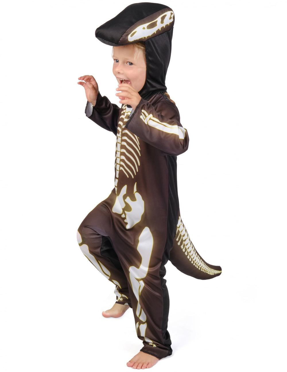Vue de profil avec la queue du déguisement squelette de dinosaure pour enfant