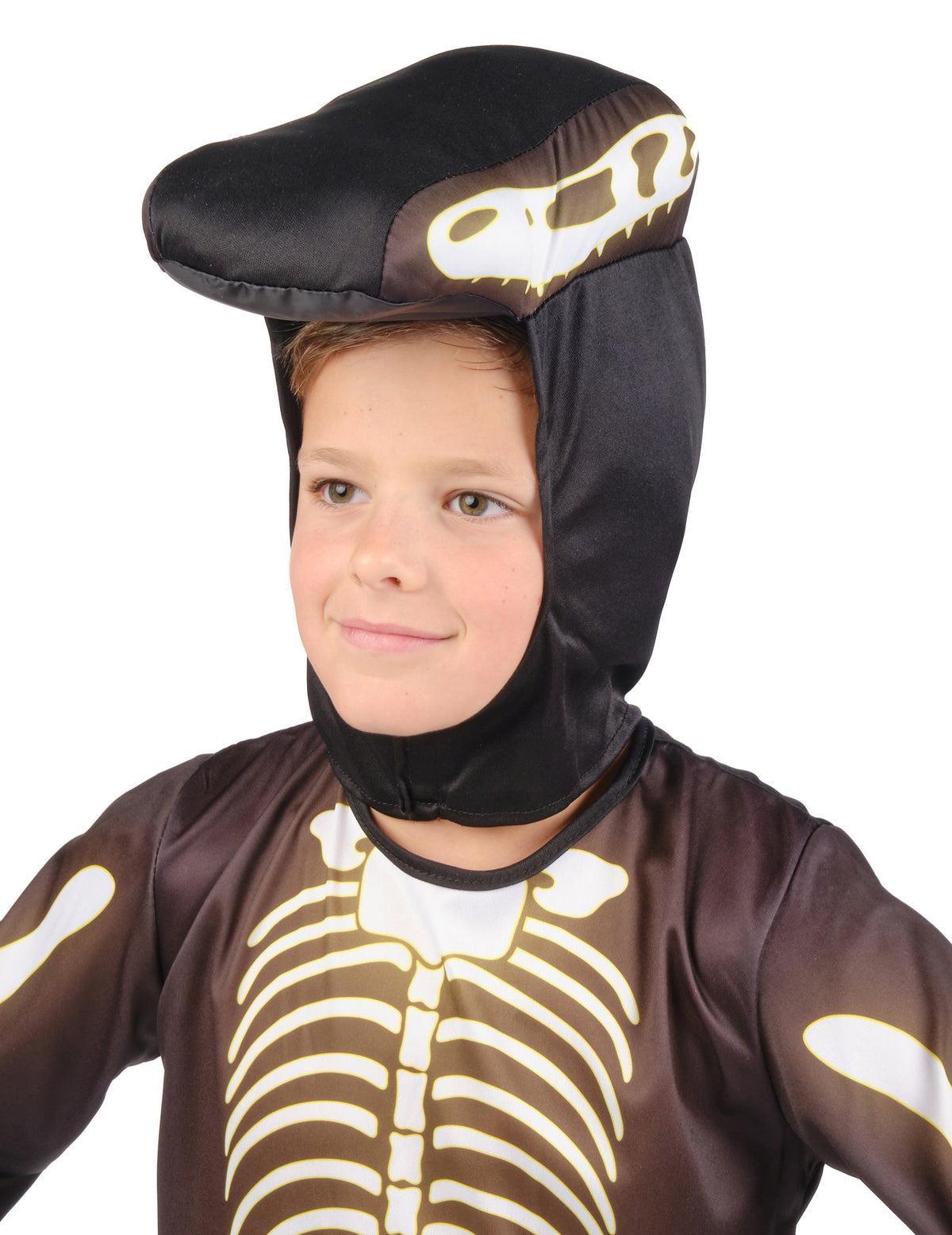 Détail de la cagoule du déguisement squelette de dinosaure