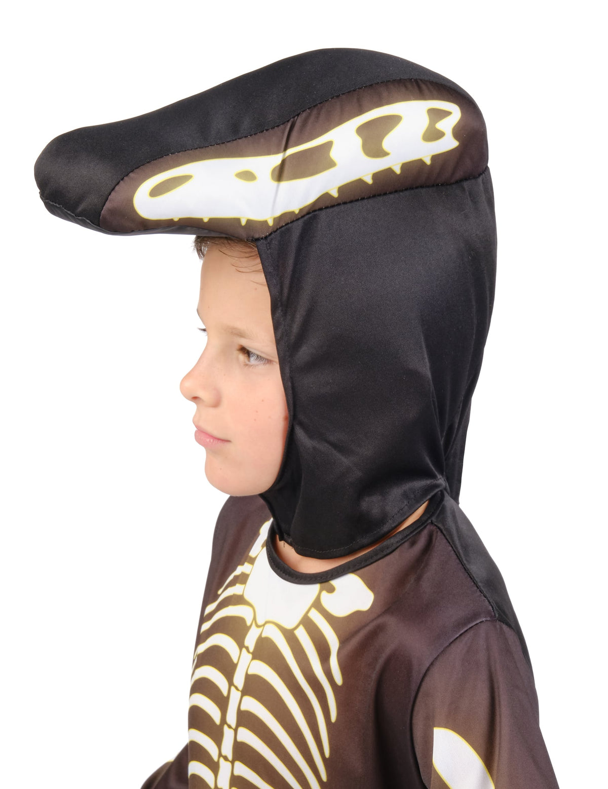 Vue de profil de la capuche du déguisement squelette de dinosaure