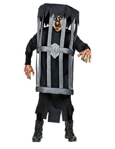 Costum de zombie în colivie pentru adulți, negru și gri, cu mâini însângerate