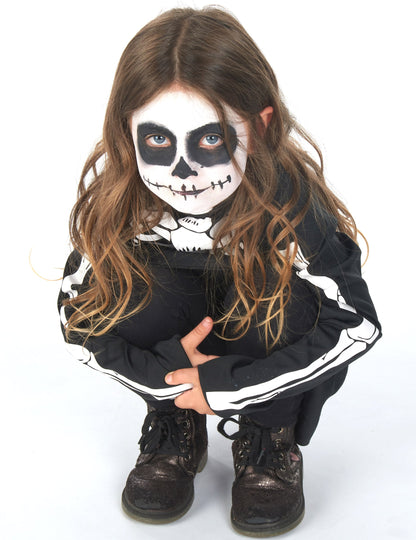 Vue de face accroupie du déguisement squelette Halloween pour fille