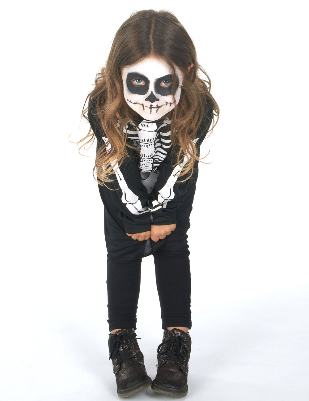 Vue de face penchée en avant du déguisement squelette Halloween pour fille