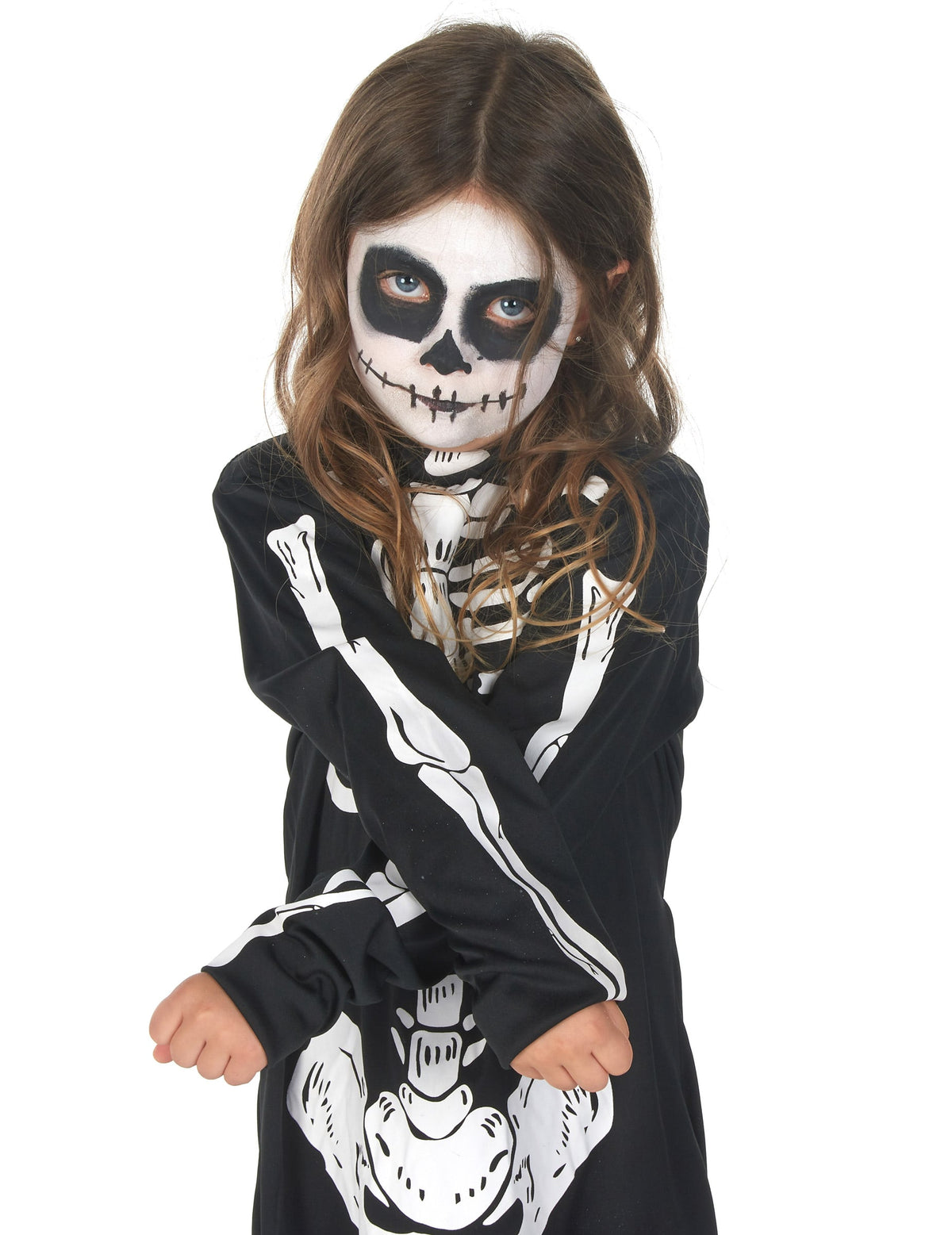Détail des bras croisés du déguisement squelette Halloween pour fille