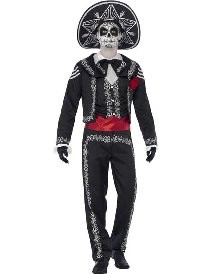 Costum de schelet mexican Dia de los muertos pentru bărbați alb-negru cu curea roșie și sombrero