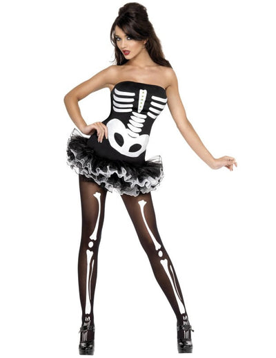 Costum de schelet sexy pentru femei, alb și negru, cu tutu