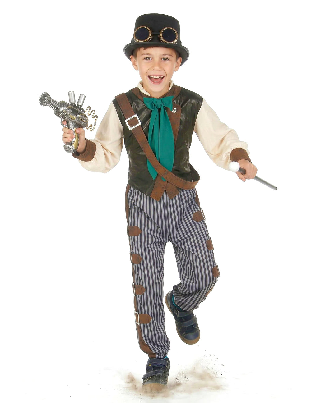 Mise en scène avec pistolet et canne du déguisement steampunk dandy pour enfant