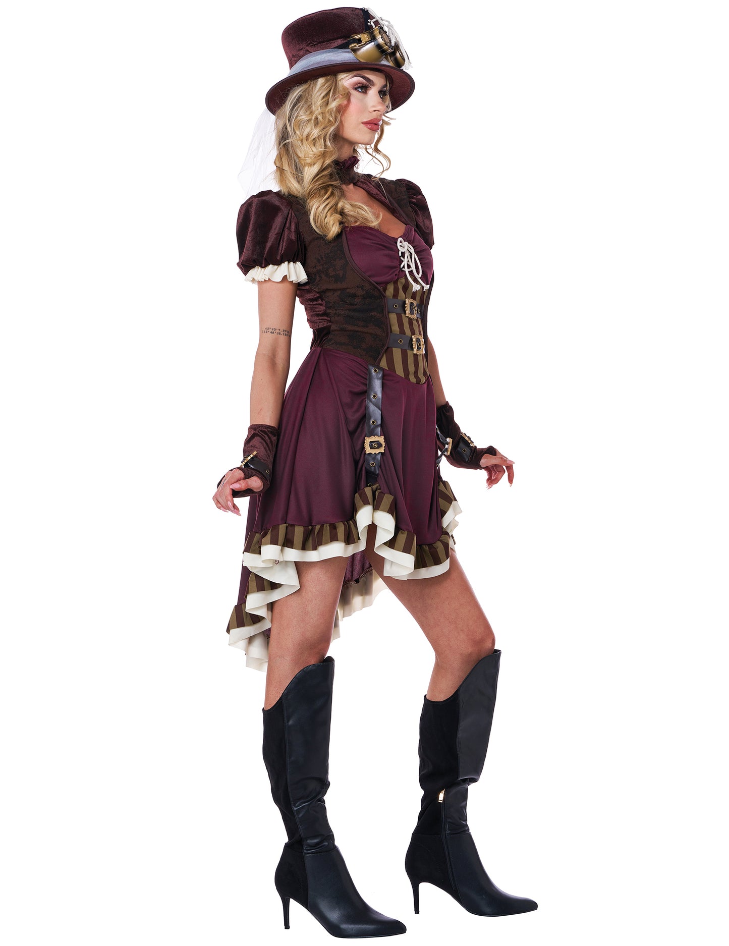 Vue de profil du déguisement steampunk pour femme bordeaux