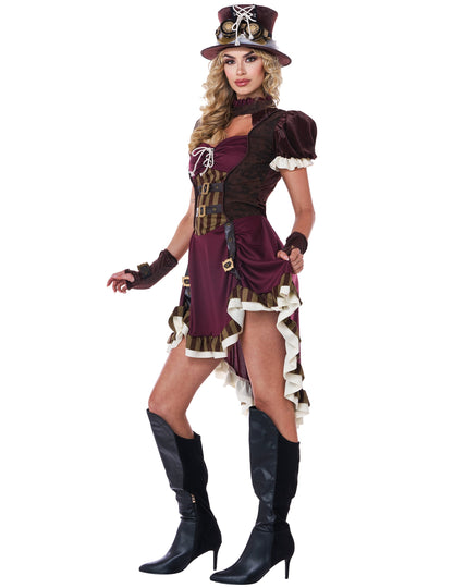 Vue de profil du déguisement steampunk pour femme bordeaux