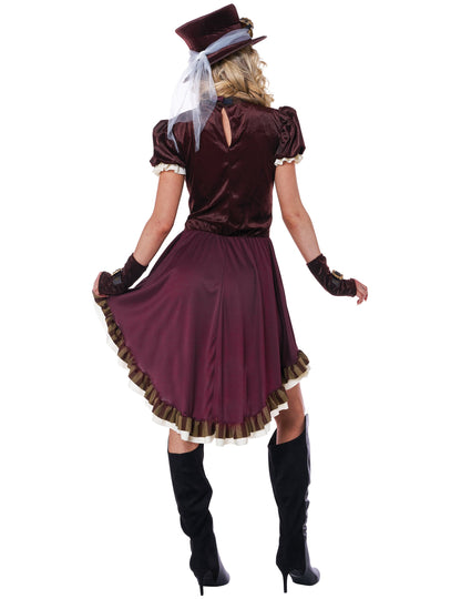 Vue de dos du déguisement steampunk pour femme bordeaux