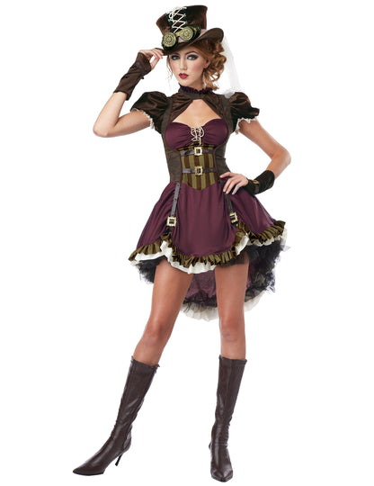 Déguisement steampunk pour femme bordeaux avec haut-de-forme et lunettes