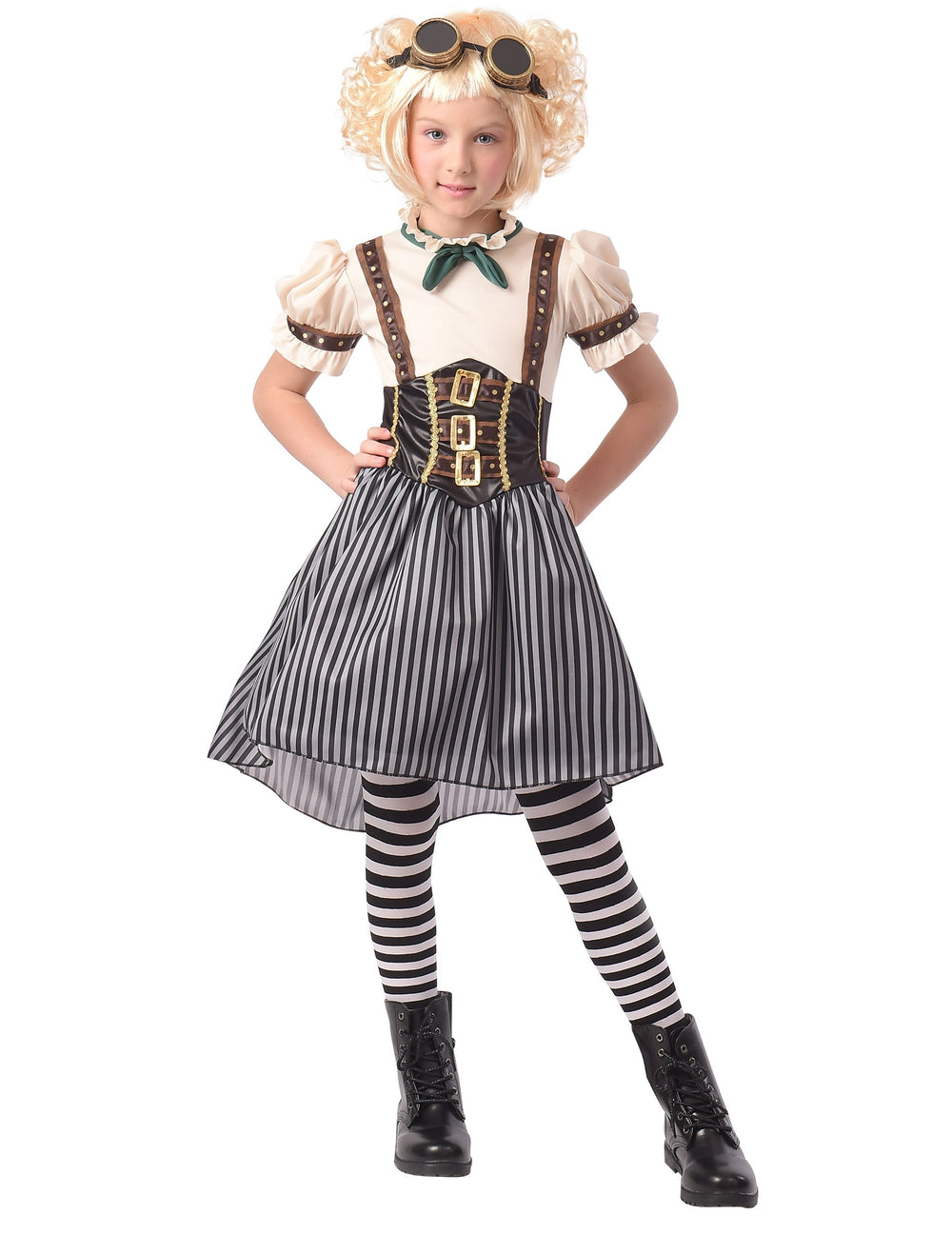 Déguisement steampunk pour fille rayé noir et blanc avec corset et lunettes