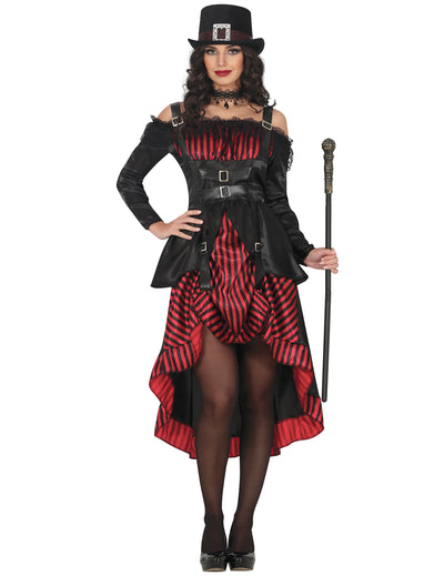 Déguisement steampunk gothique pour femme noir et rouge à rayures avec chapeau haut-de-forme