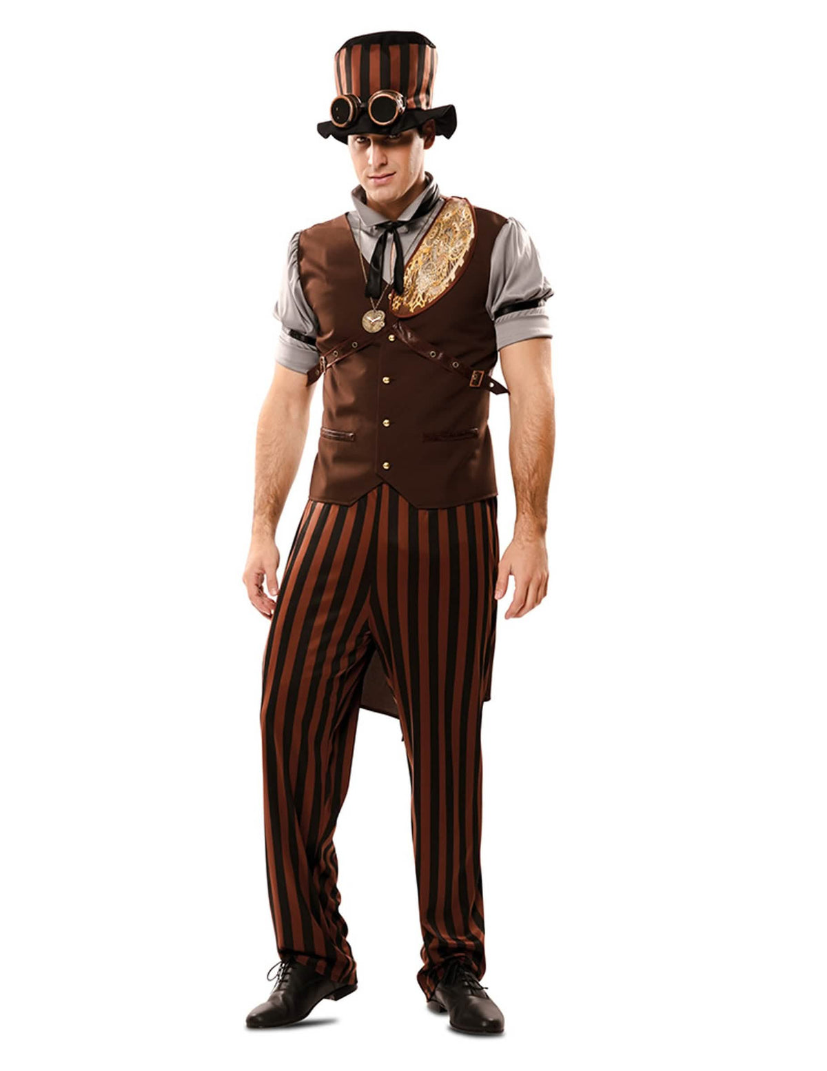 Costum steampunk pentru bărbat maro și negru cu dungi, cu pălărie și ochelari