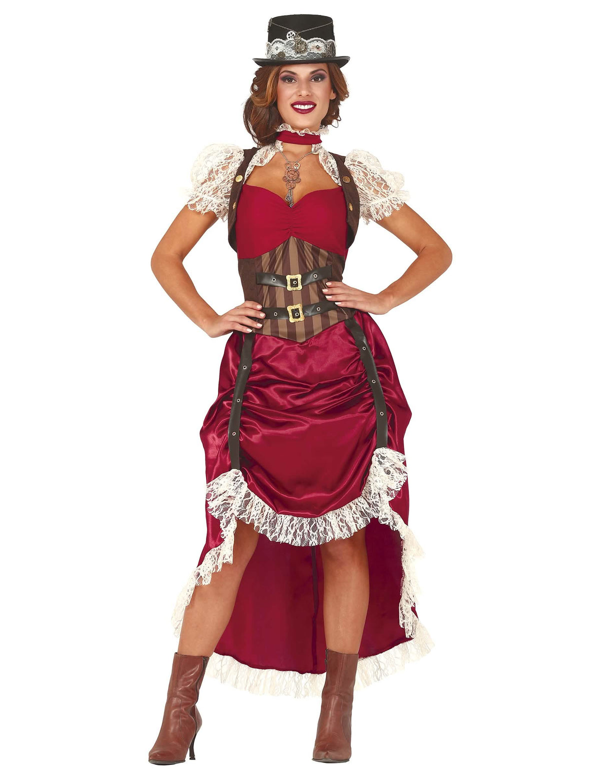 Ținută steampunk sexy pentru femeie roșu cu corset și pălărie