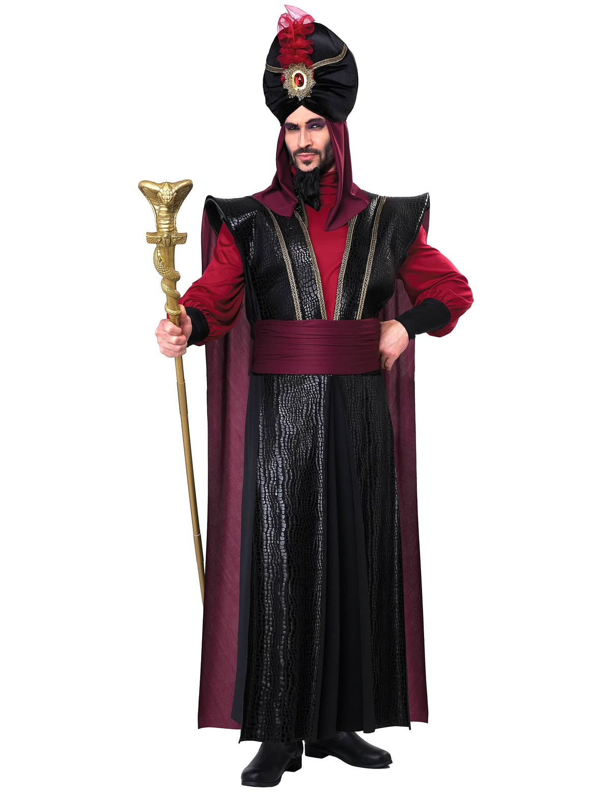 Costum de sultan al răului lux pentru bărbat negru și bordo cu turban și sceptru șarpe