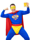 Déguisement Super Buveur pour homme bleu et rouge avec cape et masque jaune