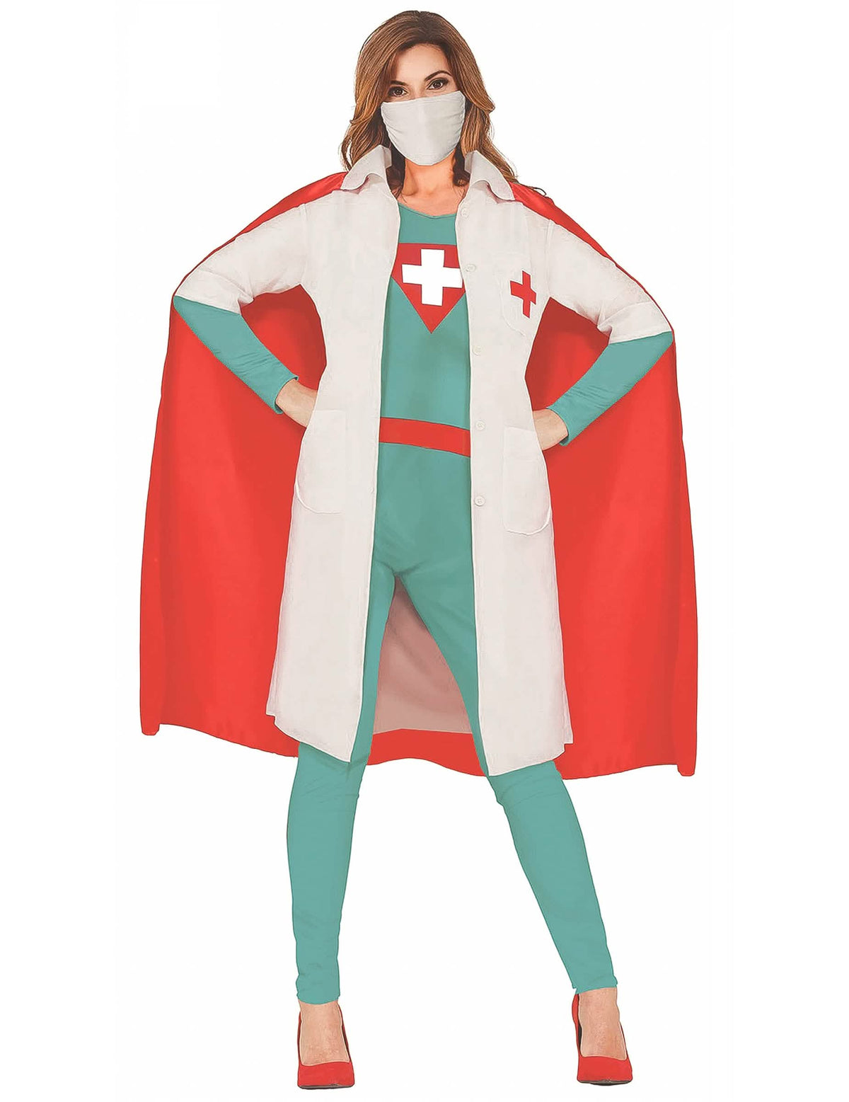 Costum de super doctor pentru femeie alb roșu și albastru canard cu capă și mască