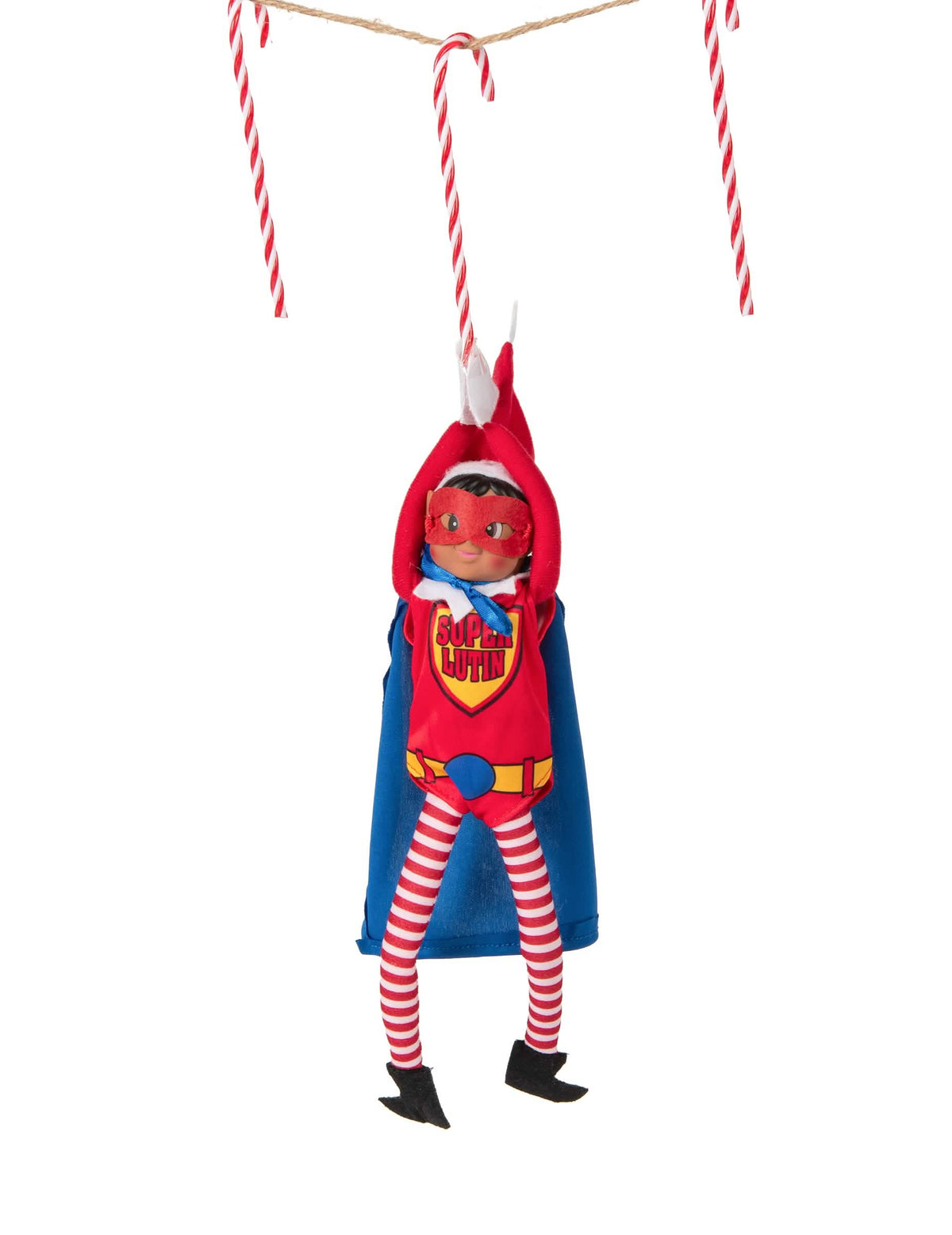Mise en situation suspendue à un sucre d'orge du déguisement super lutin pour poupée lutin farceur