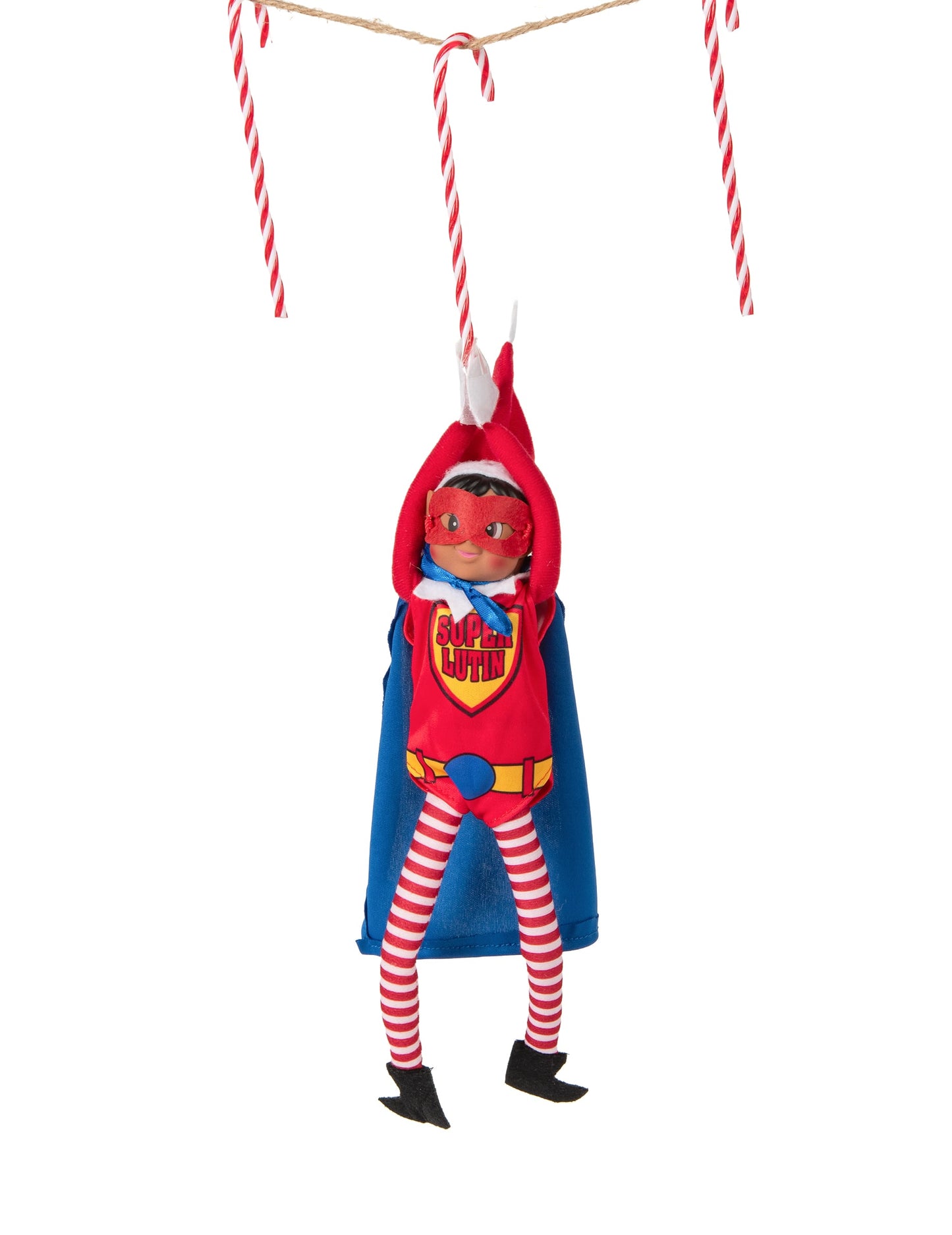 Mise en situation suspendue à un sucre d'orge du déguisement super lutin pour poupée lutin farceur