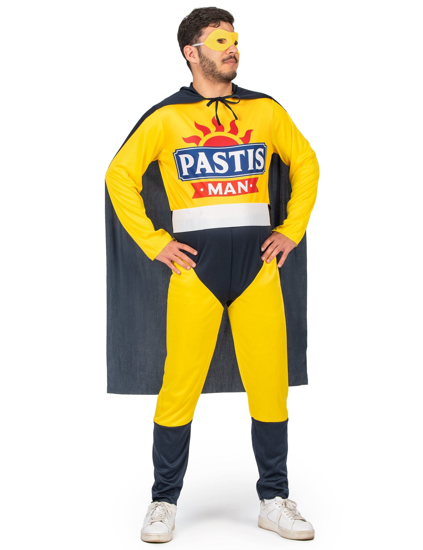 Costum de supererou Super Pastis Man pentru bărbați, galben și albastru, cu pelerină și mască