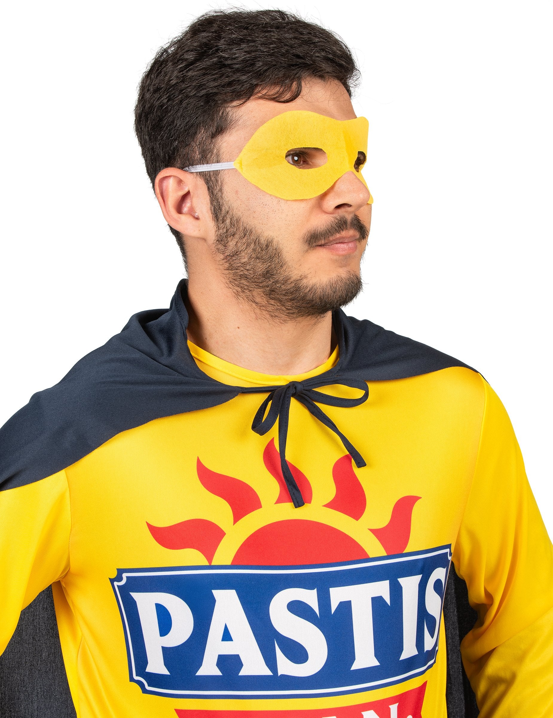 Vedere din profil a măștii și a bustului costumului Super Pastis Man