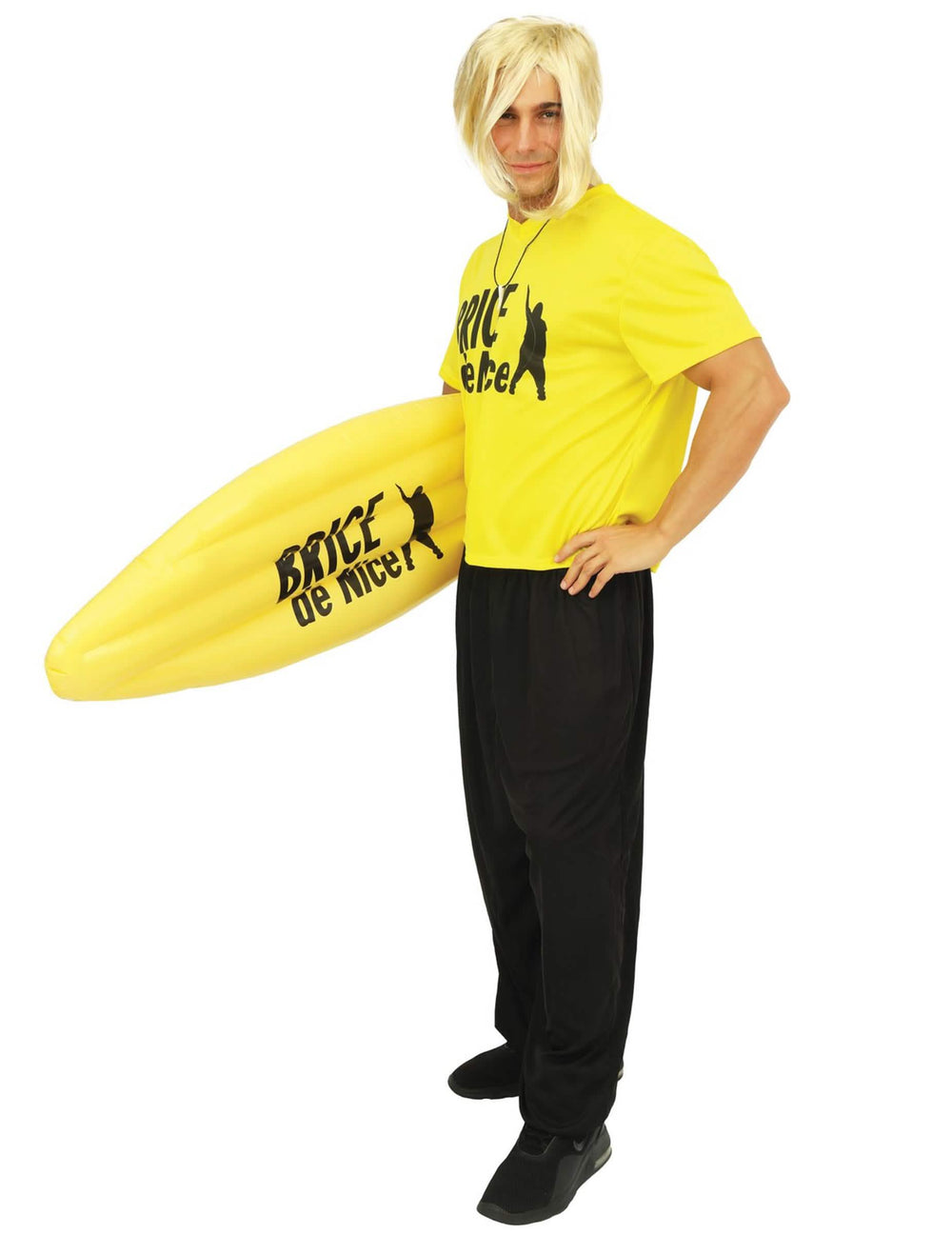 Costum de surfer Brice de Nice™ pentru bărbat galben cu perucă blondă și placă de surf