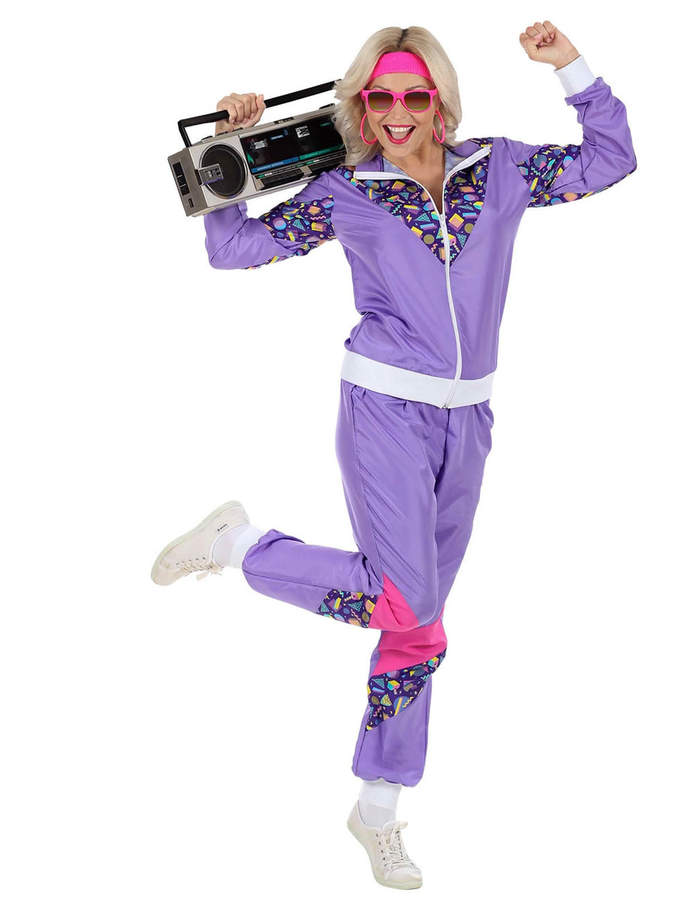 Costum de trening anii 80 pentru femeie mov cu motive geometrice colorate