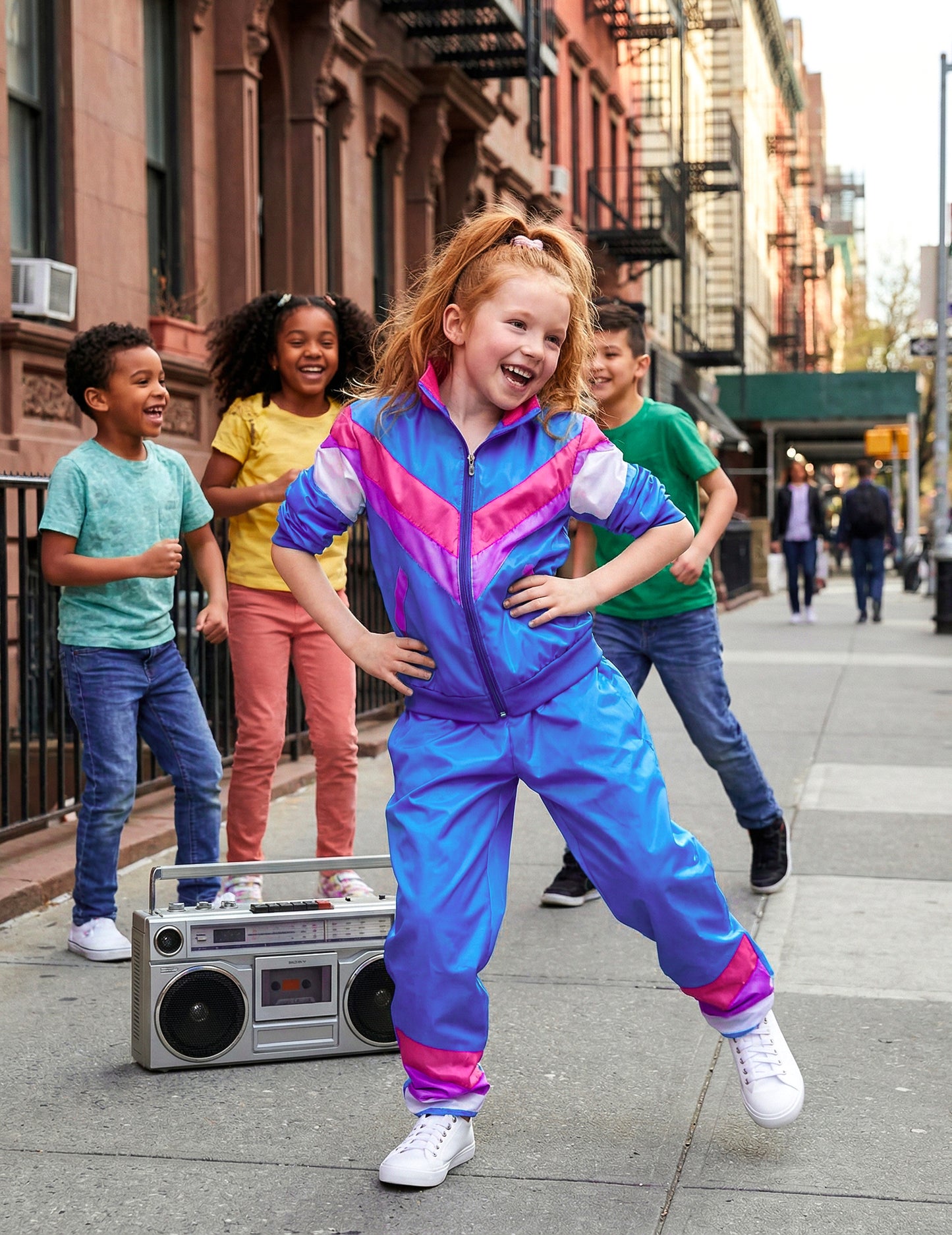 Mise en situation du déguisement survêtement années 80 pour fille