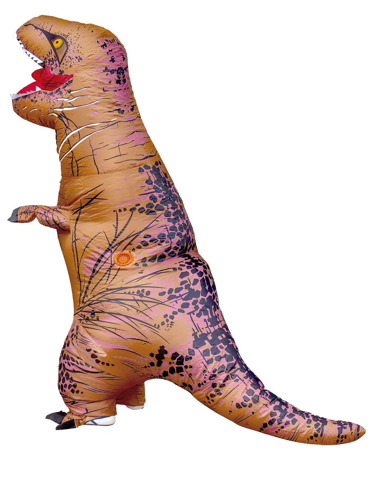 Vedere de profil a costumului gonflabil de T-rex pentru adult