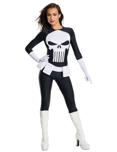Costum The Punisher pentru femei, alb și negru, cu logo-ul craniu