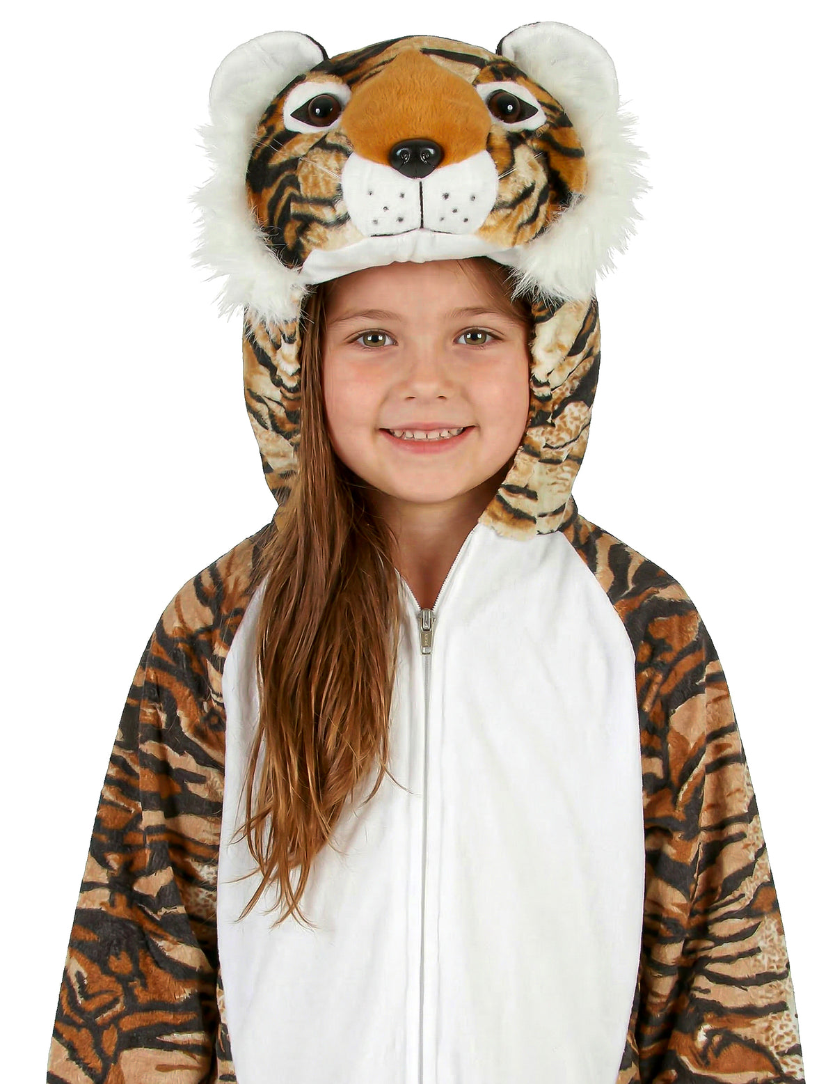 Gros plan sur le visage et la capuche du déguisement tigre réaliste