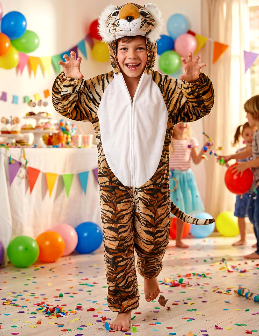 Mise en situation lors d'un anniversaire du déguisement tigre réaliste pour enfant