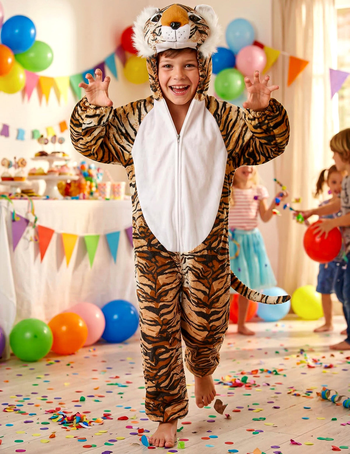 Mise en situation lors d'un anniversaire du déguisement tigre réaliste pour enfant